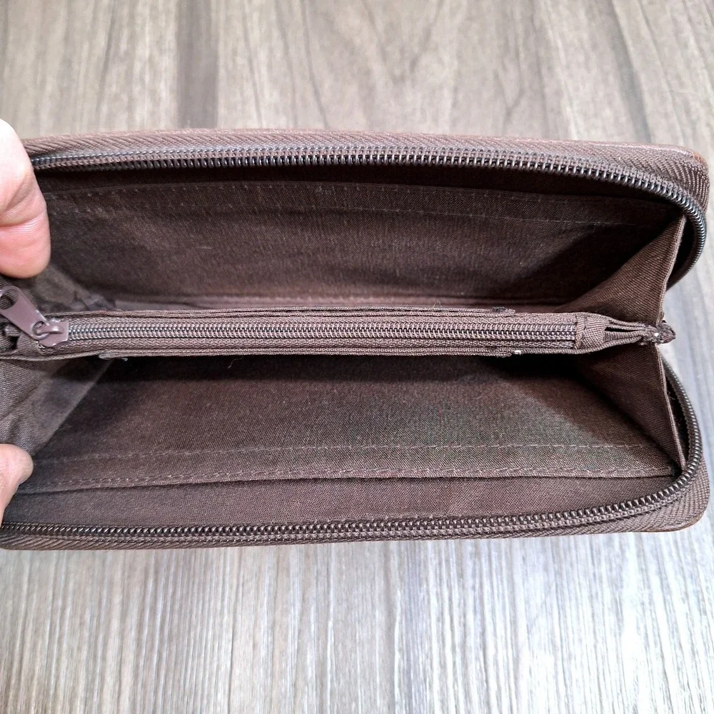 Rosetti Brown Faux Leather Zip Around Wallet‎ Silver Logo Contrast Stitching